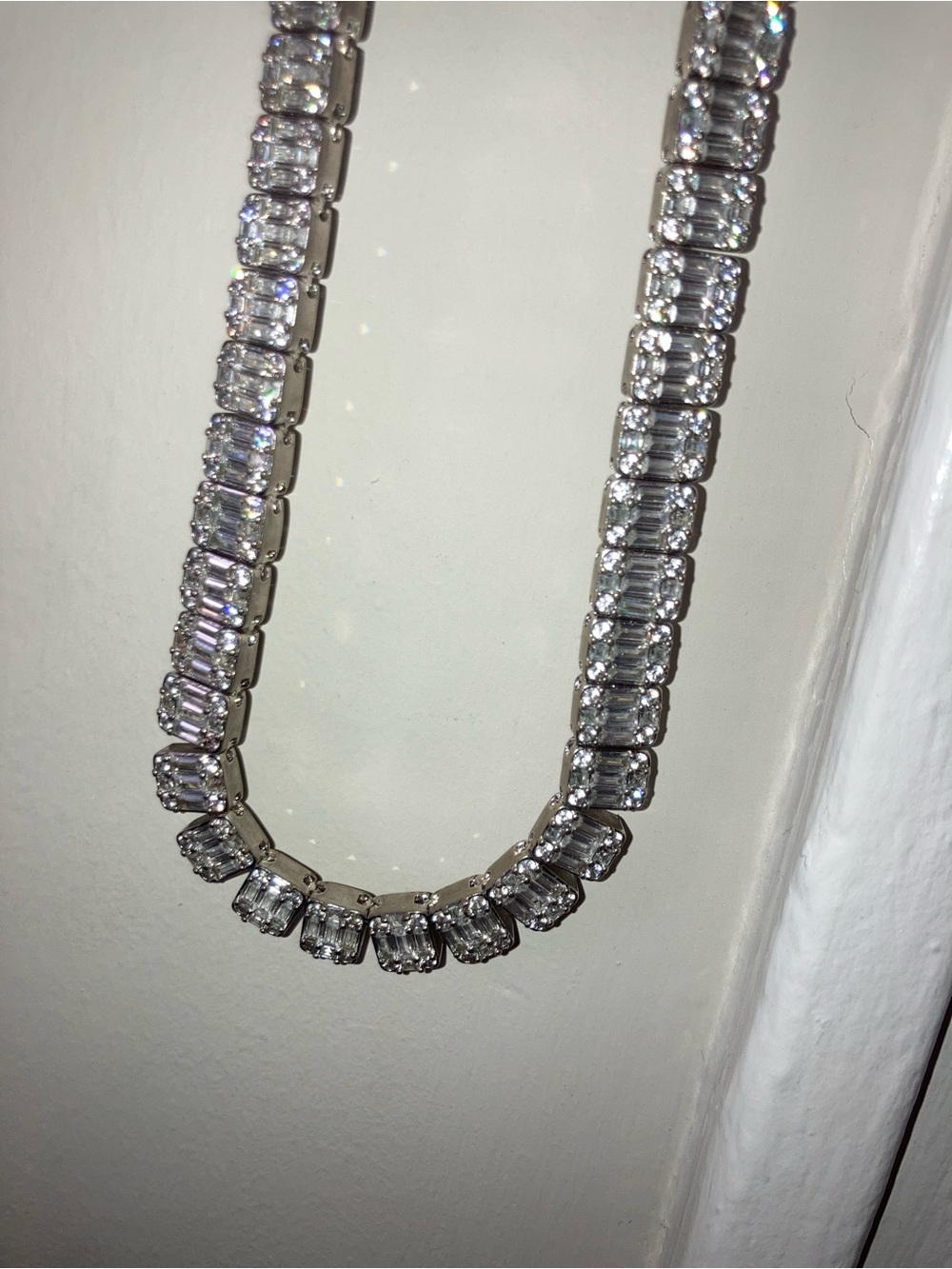 Men's Silver tone moissanite and baguette Tennis Necklace - Clear Stones
